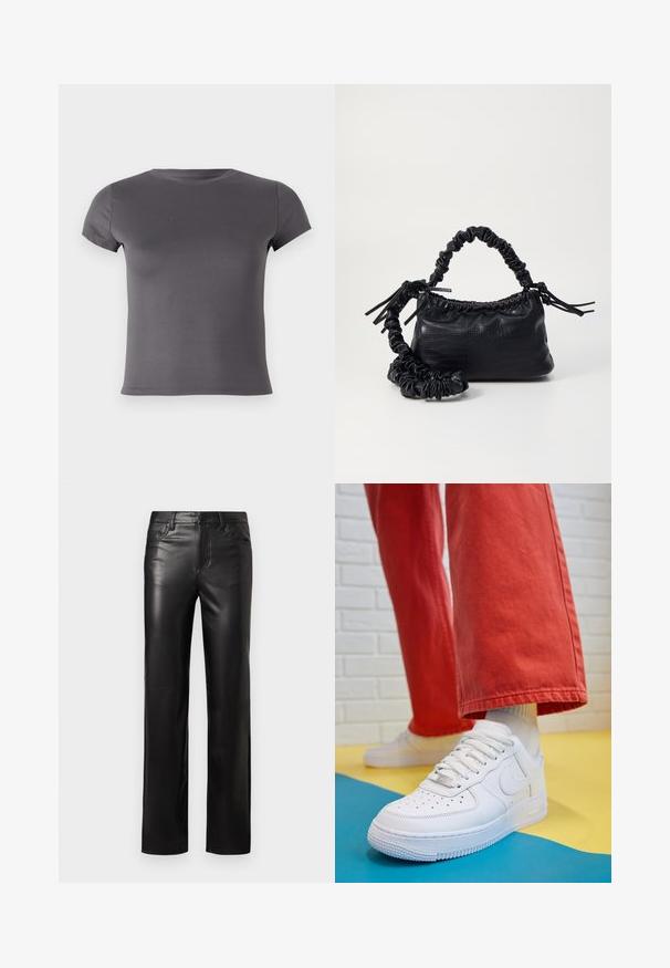 Γκρι κοντομάνικο μπλουζάκι από λείο ύφασμα, με στρογγυλή λαιμόκοψη και εφαρμοστή γραμμή χωρίς ορατά σχέδια ή λεπτομέρειες.; Μαύρο δερμάτινο παντελόνι με ίσια γραμμή, που διαθέτει κλείσιμο με κουμπί και μπροστινές τσέπες. Ομαλή υφή με λεπτές ραφές.; Λευκό δερμάτινο αθλητικό Παπούτσι με τρύπες στην μύτη, υφασμάτινη σόλα και λευκές κορδόνι, συνδυασμένο με φαρδιά κόκκινα παντελόνια και μπλε-κίτρινο φόντο.; Μαύρη τσάντα από faux δέρμα με υφή κροκοδείλου, κλειστή στο επάνω μέρος και με ρυτιδωμένο λουρί. Φαίνεται μαλακή και συμπαγής στο σχέδιο.