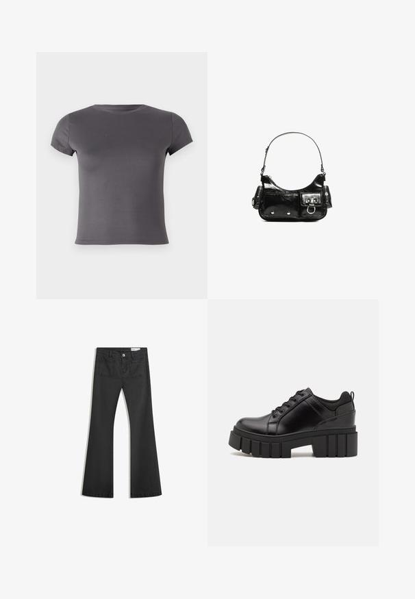 Tricou gri cu mâneci scurte, fabricat dintr-un material neted, având un decolteu rotund și un design ajustat, fără modele sau accente vizibile.; Blugi negri evazați din denim cu o textură netedă, având două buzunare la spate și închidere cu buton la talie.; Pantofi cu talpă plată din piele neagră, cu toc gros, vârf rotund și design tradițional cu șireturi. Prezintă o textură netedă și detalii minime.; Geantă de mână din piele lăcuită neagră, cu o formă curbată, un umăr, buzunare frontale și accente din metal argintiu.