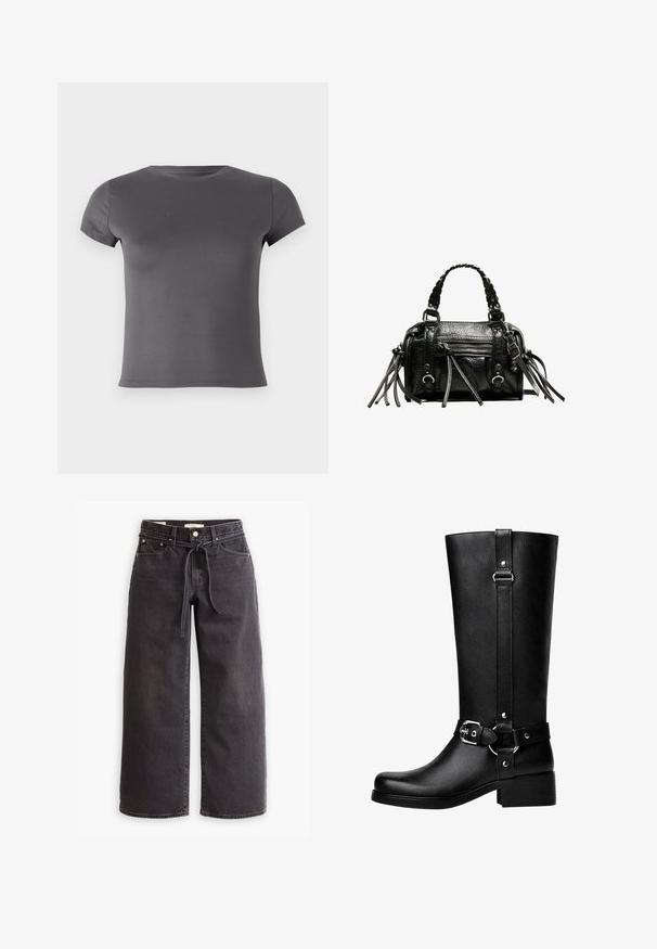 Sivá krátkosrstá tričko vyrobené z hladkej látky, s okrúhlym výstrihom a priliehavým strihom bez viditeľných vzorov alebo akcentov.; Čierne široké džínsy vyrobené zo denimu, s elastickým pásom na šnúrku, piatimi vreckami a kontrastným prešívaním. Rovný predný dizajn.; Vysoké čierne botas z umelého koženého materiálu s okrúhlou špičkou, detailom s prackou na opasku a hrubým podpätkom. Hladká textúra a vertikálny šev na nohavici.; Čierna kožená kabelka s pletenými uchami, textúrovaným povrchom, zipsovým predným vreckom a dekoratívnymi strapcami. Kompaktne tvarovaná a štruktúrovaná.