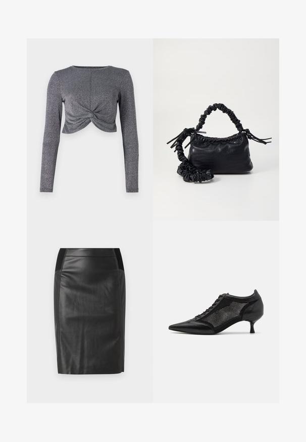 Silver long-sleeve cropped top with twisted front design, featuring a textured, glittery fabric for added shine and dimension.; Black leather pencil skirt with a fitted design, smooth texture, and elastic waistband accents on both sides. Flat hem at the bottom.; Black pointed-toe shoe with a mesh panel design, featuring a low heel and lace-up front. Made from a combination of leather and mesh material.; Black faux leather handbag with a crocodile texture, cinched top, and a scrunched strap. Appears soft and compact in design.