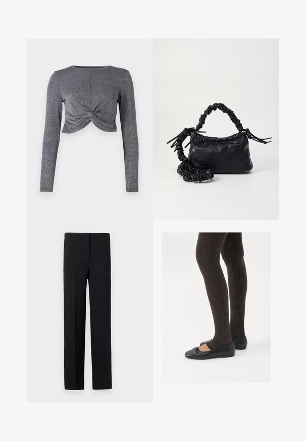 Ezüst, hosszú ujjú, cropped top, csavart elülső kialakítással, texturált, csillogó anyaggal, amely fokozza a fényt és a dimenziót.; Fekete, egyenes fazonú, testre szabott nadrág, sima textúrával és látható minták nélkül. Szabványos derékpánt és letisztult kivitel.; Fekete lapos cipők kis masni díszítéssel az orrán, sötétbarna bordázott harisnyával párosítva. A cipők sima textúrával és alacsony profilúak.; Fekete műbőr kézi táska krokodil bőr textúrával, összehúzható tetejű és gyűrt pánttal. Lágy és kompakt dizájnúnak tűnik.