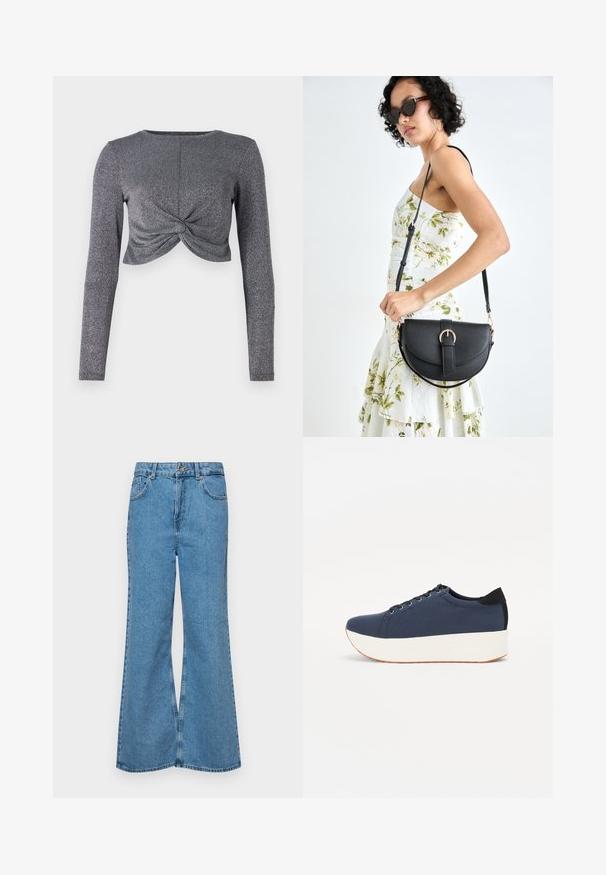 Top scurt cu mânecă lungă de culoare argintie, cu un design frontal răsucit, realizat dintr-un material texturat, sclipitor, pentru un plus de strălucire și volum.; Jeanși evazați de culoare albastru deschis, din denim, cu talie înaltă, cinci buzunare și închidere cu un singur buton. Textură moale cu un finisaj decolorat.; Sneaker albastru închis, cu un material texturat pe partea superioară, talpă platformă albă, vârf rotunjit și accent de călcâi negru. Dispune de șase găuri pentru șireturi.; Geantă din piele neagră, cu o formă curbată, curea detașabilă și accesorii aurii. Geanta are un capac cu un detaliu tip cataramă.