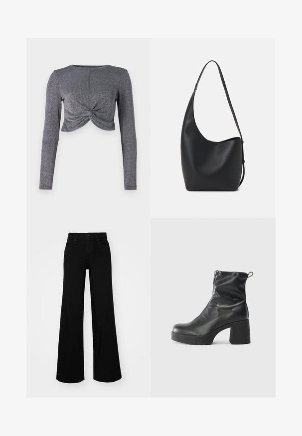 Silver långärmad cropped topp med vriden frontdesign, med en texturerad, glittrig tyg för extra glans och dimension.; Svarta vida byxor i denim, med en strukturerad midja, bältesöglor och framfickor. Slät textur med en klassisk design.; Svarta ankelstövlar i slitstark läder, med sidodragkedja, kraftig strukturerad klack och rundad tådesign.; Svart läder hobo-väska med en slät textur, kurvig form och en justerbar axelrem; har en bred öppning upptill.