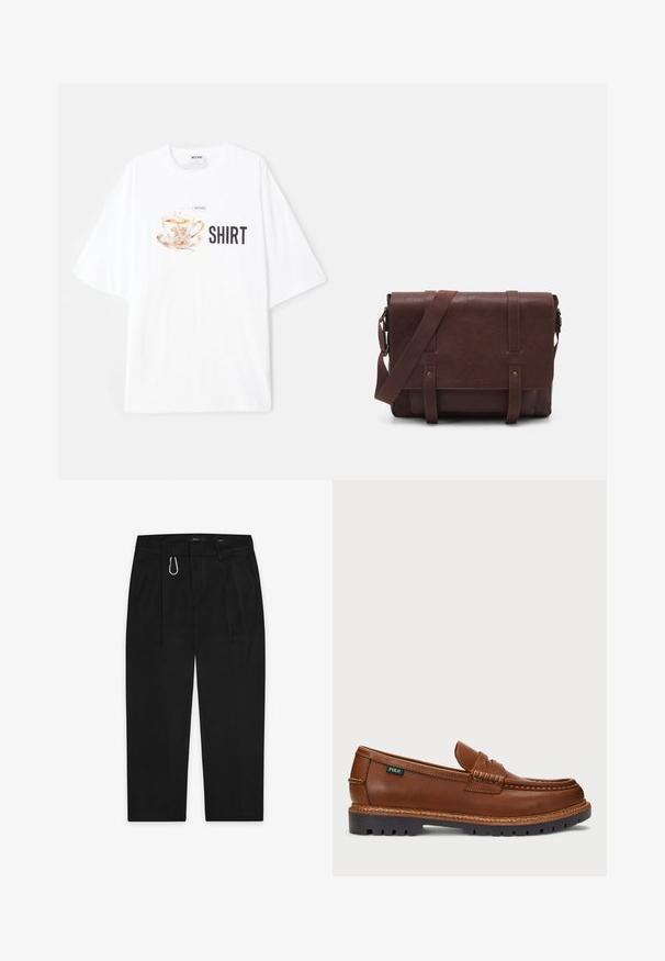 Biele oversized tričko s farebnou grafikou čajového hrnčeka a kvetinovými detailmi, pod ktorým sú tučnými čiernymi písmenami napísané slová "TRIČKO".; Čierne nohavice so strihom rovného nohu, s kovovým karabínovým klipom striebornej farby a dvoma bočnými vreckami. Vyrobené z hladkej tkaniny.; Hnedé kožené loafre s dekoratívnym prešívaním a textúrovanou špičkou. Podošva má robustný dizajn, ktorý poskytuje trakciu a odolnosť.; Hnedá kožená messenger taška s plochým predným klopom, dvoma popruhmi, zlatými kovovými detailmi a nastaviteľným ramenným popruhom.