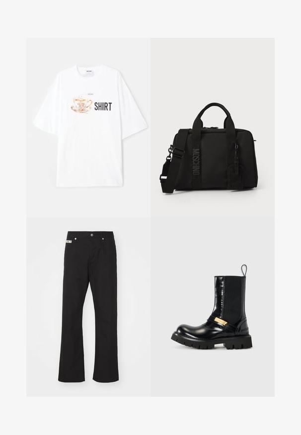 Vit oversized t-shirt med en färgglad te-kopp grafik med blommiga detaljer och ordet "SHIRT" i fet svart text nedanför.; Svarta bomullsbukser med rak passform, med knappstängning fram, två sidofickor och en liten logotyp på midjan.; Svart läderankelboot med elastiska sidopaneler, ett guldaccentband och en kraftig svart gummisula. Slät yta med rund tå.; Svart textilväska med dubbla handtag och avtagbar axelrem. Har präglad logotyp och lädretikett. Slät yta, rektangulär form.