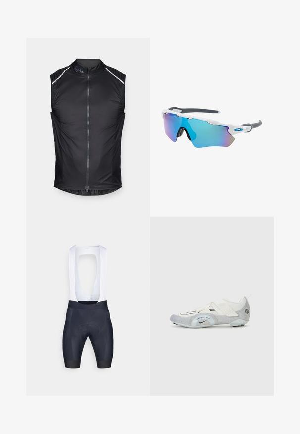 Black sleeveless cycling vest with a front zipper, reflective accents on shoulders, and lightweight fabric for breathability.; Men's cycling shorts with white bib straps, made of stretchy fabric; navy color with a padded seat for comfort and minimal seams.; White and silver cycling shoes with a mesh upper, textured accents, adjustable straps, and a rubber outsole for grip and stability.; Sunglasses with a white frame, gray accents, and blue mirrored lenses. Sporty design, wraparound shape, and adjustable nose pads.