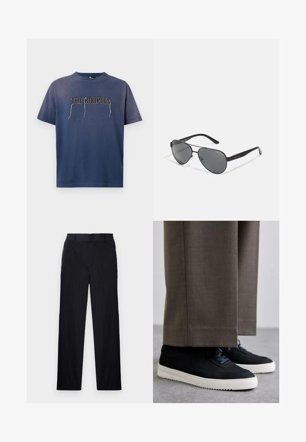 Tumed sinine puuvillane T-särk lühikeste varrukatega, mille esiküljel on kontrastset niiti kasutades bordüüritud tekst "THE KOOPLES". Lihtne disain, mugav lõige.; Mustad püksid, millel on kerge, tekstuuriga kangas, sirge jala disain, elastne vöökoht ja küljetaskud sipsiga.; Mustad suleed sneakers valge kummist tallaga, ümarate varvaste ja paeltega, kantud hallide ülikonna pükste kõrval.; Mustad aviator-prillid tumedate läätsede, õhukese metallraami ja saledate plastikvarsadega, millel on logo aktsendid.