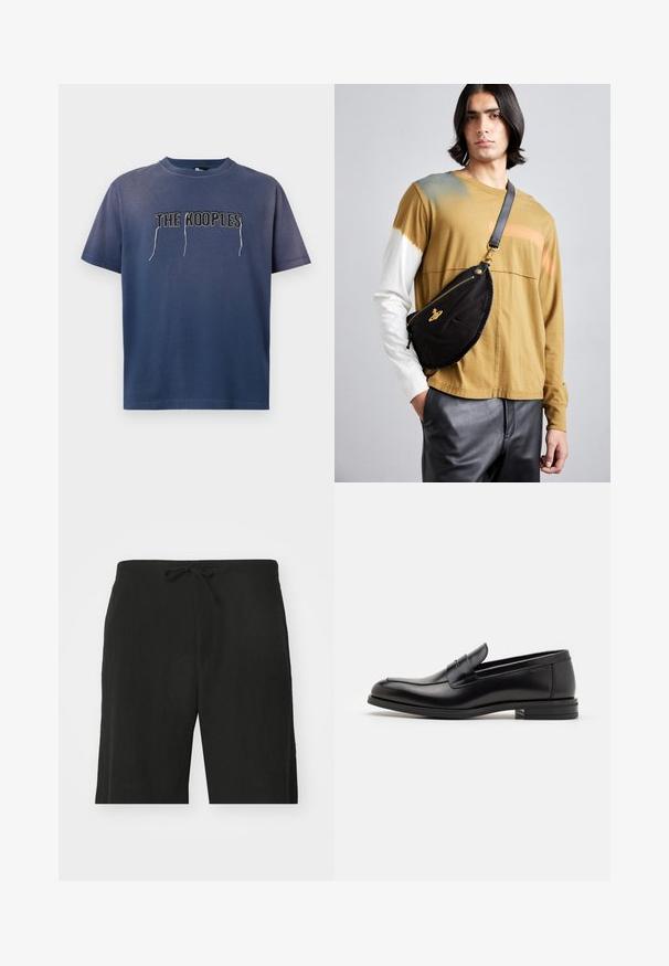 Tummansininen puuvillainen t-paita lyhyellä hihalla, jossa on edessä kontrastivärillä kirjailtu teksti "THE KOOPLES". Yksinkertainen muotoilu, rento malli.; Mustat pellavahousut, joissa on nauhavyötärö, rento istuvuus ja polven pituinen muotoilu. Sileä rakenne, yksinkertainen ja klassinen tyyli.; Mustat nahkakengät, joissa on sileä pinta, pyöreä kärki ja koristeellinen nauha jalkapöydän yli. Matala pinoitu koroke, minimalistinen muotoilu.; Vivienne Westwood CITY BUMBAG UNISEX - Vyölaukku - black