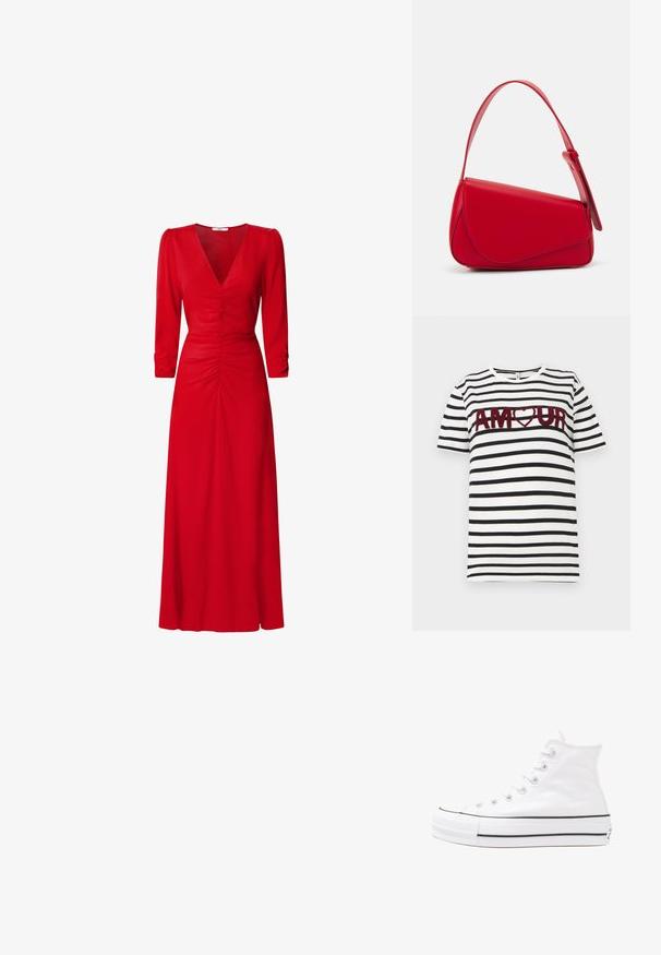Tricou alb cu dungi orizontale negre. Prezintă text brodat burgund "AMOUR" cu un simbol de inimă în centru. Mâneci scurte.; Rochie roșie cu decolteu în V, mâneci trei sferturi și detalii pliate la talie și spate. Materialul pare neted și ușor.; Adidași albi tip pantofi sport cu glezna din pânză, cu talpă din cauciuc negru, capac de vârf din cauciuc frontal și șase ochiuri pentru șireturi, având un design curat și minimalist.; Geantă de mână din piele roșie, cu un design unghiular și geometric. Dispune de o singură curea ajustabilă și un sistem de închidere cu clapetă, cu detalii cusute.