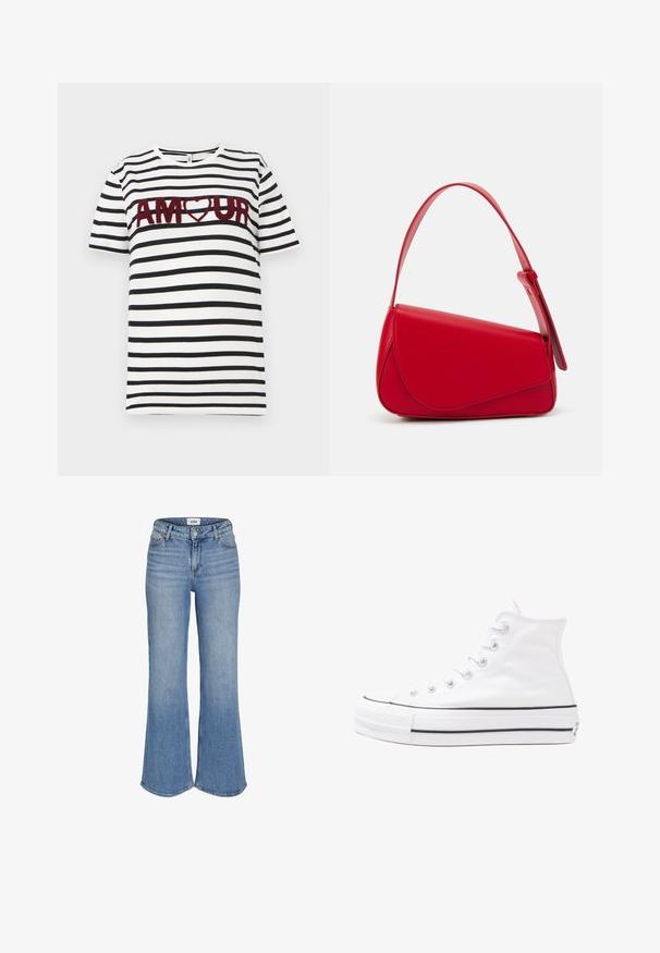 White t-shirt with black horizontal stripes. Features burgundy embroidered text "AMOUR" with a heart symbol in the center. Short sleeves.; Light blue denim flared jeans with a high waist, featuring front pockets, a zip fly, and subtle fading. Stitching is visible along edges.; White high-top canvas sneaker with black rubber sole, front rubber toe cap, and six eyelets for laces, featuring a clean, minimalist design.; Red leather handbag with an angular, geometric design. Features a single adjustable strap and a flap closure with stitched detailing.