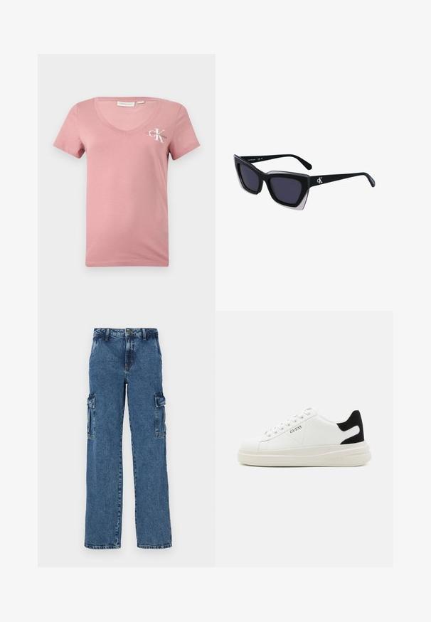 Roosa puuvillane V-kaelusega T-särk lühikeste varrukatega, millel on vasakul rinnal valge Calvin Kleini logo ja täht "K". Sile tekstuur.; Sinine denimist cargo püksid lõdva istumisega, millel on kaks küljetaskut, tugevdatud õmblused ja sirge jala disain.; Valged nahast tennisetossud paksu valge tallaga, musta sametist kontsakeeuga ja külje peal riigilogo reljeefne kujundus. Lukkeskeem kuue silmaauguga.; Mustad suured mustad prillid geomeetrilise kujuga, tumedate läätsedega ja kontrastse halli detailiga raamidel. Logo käe peal.
