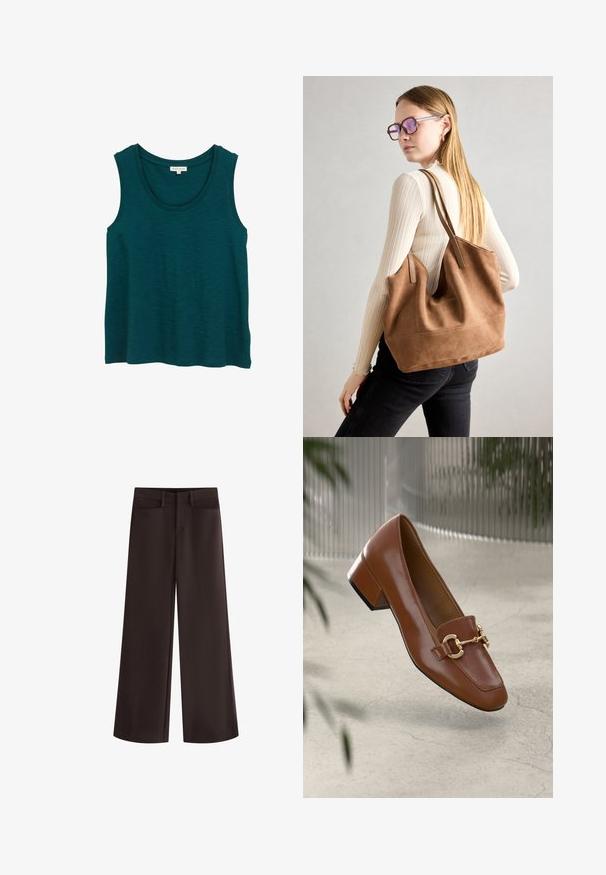 Teal mouwloos tanktop, gemaakt van zachte stof, met een ronde halslijn en een relaxte pasvorm, met een iets ongelijkmatige zoom voor extra detail.; Donkerbruine wijde broek met twee voorzakken, een strakke uitstraling en een soepele structuur, met een hoge tailleband en een getailleerd silhouet.; Bruine lakleren loafer met vierkante neus, metallic kettingaccent en lage blokhak; gladde textuur, minimalistisch ontwerp.; Bruine suède totebag met zachte textuur, grote opening en lange hengsels. Het heeft een eenvoudig ontwerp met zichtbare stiksels en geen hardware.