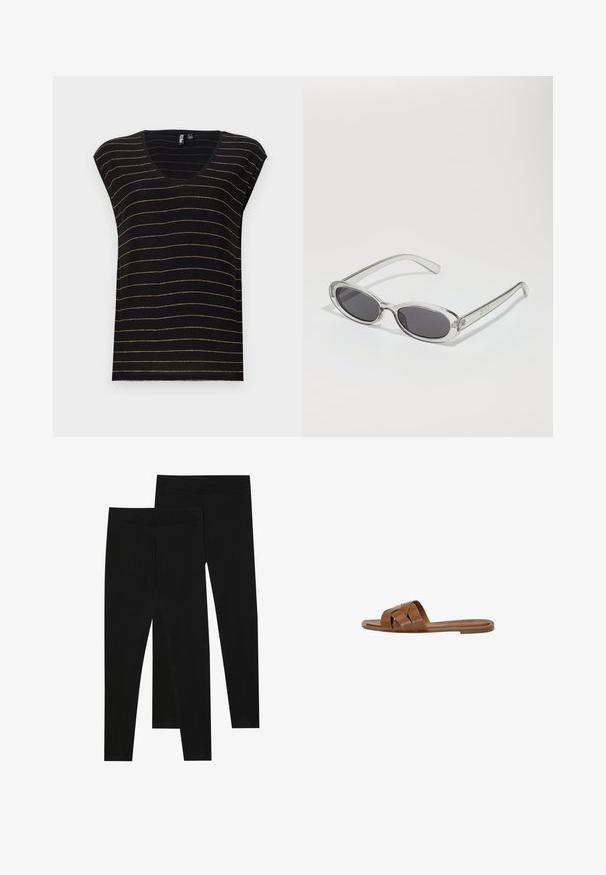 T-shirt nera con strisce orizzontali oro, scollatura a V, maniche a cappuccio e texture morbida. Progettata con una vestibilità rilassata e uno stile casual.; Leggings neri realizzati in tessuto elastico, con una vita senza cuciture e un design slim fit, adatti per l'abbigliamento casual o per l'esercizio.; Sandalo in pelle marrone con fasce incrociate, suola piatta e una texture liscia. Design semplice senza decorazioni o motivi.; Occhiali da sole con forma ovale, montatura in plastica trasparente, lenti grigie scure e aste sottili trasparenti con accenti di logo e dettagli minimi.