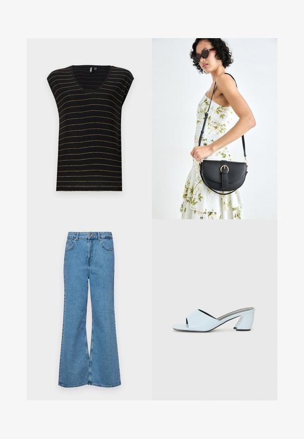 Juodas marškinėlis su auksinėmis horizontaliomis juostelėmis, V formos iškirpte, trumpomis rankovėmis ir minkšta tekstūra. Sukurtas su paviršiaus pritaikymu ir kasdieniu stiliumi.; Šviesiai mėlynos flared džinsai, pagaminti iš džinsinio audinio, su aukštu liemeniu, penkiomis kišenėmis ir vienu mygtuko užsegimu. Minkštas paviršius su išblukusiu efektu.; Šviesiai mėlynos atvirų pirštų kulno mules su geometriniu dizainu, turinčios plačią juostą per pėdą ir stambų, kampuotą kulną.; Juodas odinis krepšys su išlenkta forma, nuimamu dirželiu ir auksiniais detalėmis. Krepšys turi kilpą su sagtimi.