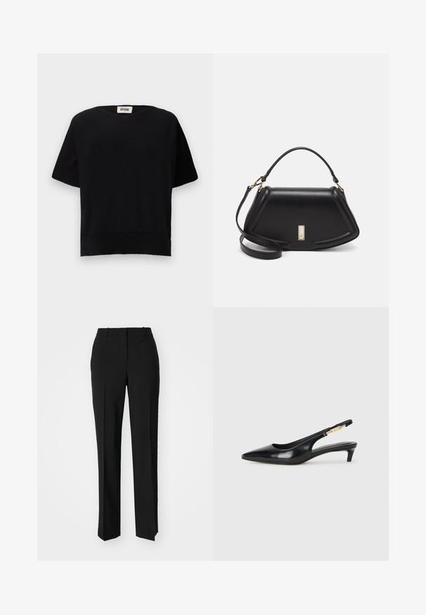 DRYKORN SOMELI - Pamata T-krekls - black; Melnas pielāgotas bikses ar taisnu kāju dizainu, kas raksturojas ar gludu faktūru un asiem krokām pa priekšu. Nav redzamu metāla detaļu.; Melnas ādas slingback zābaki ar smailu purngalu, ar šauru papēdi un zelta krāsas akcentu uz regulējama siksniņas. Gluda tekstūra.; Melnas ādas roku soma ar struktūru, ar īsu formu, augšējo rokturi un zelta aksesuāriem. Iekļauta regulējama plecu siksna.