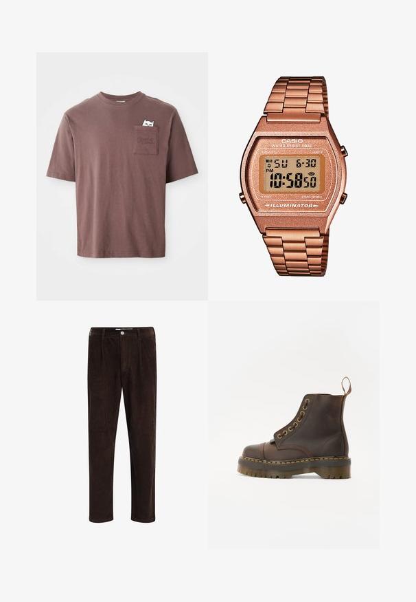 Brun bomull T-skjorte med kortermet. Har en brystlomme med et grafisk bilde av en katt som titter ut, og ordet "PUMA" preget på lommen.; Redefined Rebel JOHN COMFORT FIT - Bukse - demitasse; Brune lær ankle støvler med rund tå, kontrasterende gul sting, dekorative metal øsinger og en ribbet gummisål.; Digital Casio klokke med en roségull metallrem, rektangulært hus, belyst skjerm og vannmotstand, som viser tid og dato.