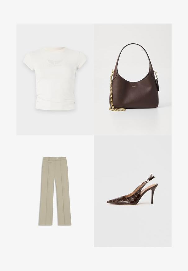 Biała dopasowana koszulka z krótkimi rękawami, z teksturowanym logo "Guess Originals" z skrzydłami na piersi. Wykonana z miękkiego materiału.; Beżowe spodnie o dopasowanym kroju z szerokimi nogawkami, fałdami z przodu, dwiema poziomymi kieszeniami bocznymi oraz gładkim, lekko teksturowanym materiałem.; Brązowe, skórzane buty na obcasie typu slingback z wytłoczeniem w kształcie krokodyla, z wąskim noskiem, otwartymi bokami i cienkim, wysokim obcasem. Zaprojektowane z regulacją na klamrę.; COACH BROOKLYN ciemnobrązowy