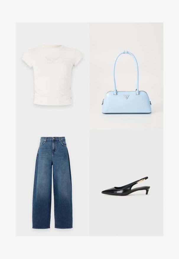 Balts pieguļoša t-krekls ar īsām piedurknēm, ar teksturētu "Guess Originals" logotipu ar spārniem krūtīs. Izgatavots no mīkstas auduma.; Platas kāja džinsi no tumši zilā denima. Ar augstu jostu, piecām kabatām un augšējo pogu aizdari. Nedaudz izbalināta tekstūra visā virsmā.; Melnas ādas slingback zābaki ar smailu purngalu, ar šauru papēdi un zelta krāsas akcentu uz regulējama siksniņas. Gluda tekstūra.; Gaiši zila rokassoma ar strukturētu formu, gludu ādas materiālu, divām rokturiem un triķsveida zīmola logo priekšpusē. Ar rāvējslēdzēja aizdari.