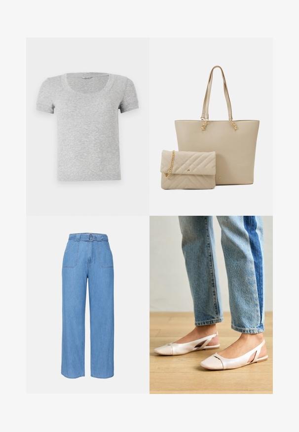 Gray short-sleeve T-shirt with a rounded neckline, made of soft, textured fabric. Features a standard fit design and simple stitching details.; Light blue denim wide-leg trousers with a belted waist, two front pockets, and a plain texture. Features a minimalist design and clean lines.; Pale pink slingback flats with a pointed toe, made from a smooth leather-like material. Features cut-out details at the sides and a flat heel.; Beige tote bag with flat handles, smooth texture, and gold hardware, paired with a matching quilted clutch featuring a chain strap.