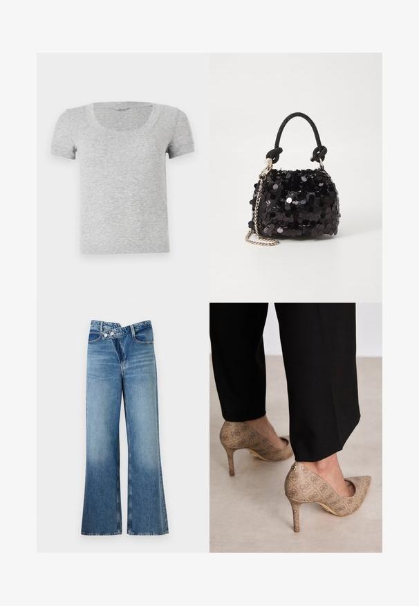 Szürke, rövid ujjú póló, lekerekített nyakú, puha, texturált anyagból készült. Standard szabású, egyszerű varrási részletekkel rendelkezik.; Világoskék, harang szabású farmernadrág magas derékkal, két gombbal és elülső zsebekkel. Az anyag megjelenése kopott, apró eltérésekkel.; Beige magassarkú cipők texturált anyagból, ismétlődő mintával. Hegyes orrú kialakítás, hátsó díszítéssel és arany sarkú részlettel.; Fekete flitteres mini kézitáska csomózott textúrájú pánttal és ezüst lánccal. Lekerekített forma, ráncolt tetejével és fényvisszaverő részletekkel.