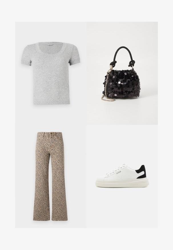 Graues T-Shirt mit kurzen Ärmeln und rundem Halsausschnitt, aus weichem, strukturiertem Stoff gefertigt. Verfügt über einen Standard-Fit-Schnitt und einfache Nähdetails.; Leopardenmuster Schlagjeans mit einem sandfarbenen Grund und schwarzen Flecken, klassischem Fünf-Taschen-Design und Metallknopfverschluss am Bund.; Weiße Leder-Sneaker mit einer dicken weißen Sohle, schwarzem Wildlederakzent an der Ferse und geprägtem Logo an der Seite. Schnürdesign mit sechs Ösen.; Schwarze Pailletten-Mini-Handtasche mit einem geknoteten, strukturierten Tragegurt und einer silbernen Kette. Abgerundete Form mit gerafftem oberen Teil und reflektierenden Details.
