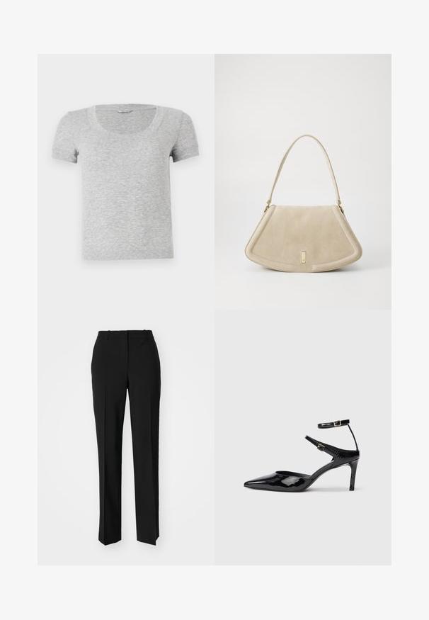 Grå T-shirt med korteærmer og rund hals, lavet af blød, tekstureret stof. Den har et standardfit design og enkle syninger.; Sorte skræddersyede bukser med lige ben-design, der har en glat tekstur og skarpe folder langs fronten. Ingen synlige hardware.; Sorte laklæderhæle med spids tå, justerbare ankelstropper og en slank hæl. Glat tekstur med en skinnende finish.; Beige ruskinds håndtaske med en rund triangelform, en enkelt strop og en guldfarvet hardwaredetalje på fronten.