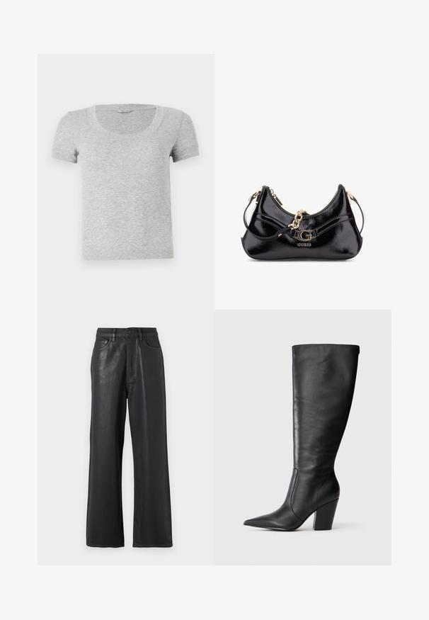 Graues T-Shirt mit kurzen Ärmeln und rundem Halsausschnitt, aus weichem, strukturiertem Stoff gefertigt. Verfügt über einen Standard-Fit-Schnitt und einfache Nähdetails.; Schwarze weite Hosen aus glänzendem Material. Sie verfügen über einen Knopfverschluss, Gürtelschlaufen und vordere Taschen mit glatter Textur.; Schwarze kniehohe Lederstiefel mit spitzem Zehen und klobigem hohen Absatz, von der linken Seitenansicht auf weißem Hintergrund gezeigt.; Schwarze Lackledertasche mit geschwungenem Design, goldenen Hardware-Akzenten und einem auffälligen Logo. Inklusive abnehmbarem Schultergurt.