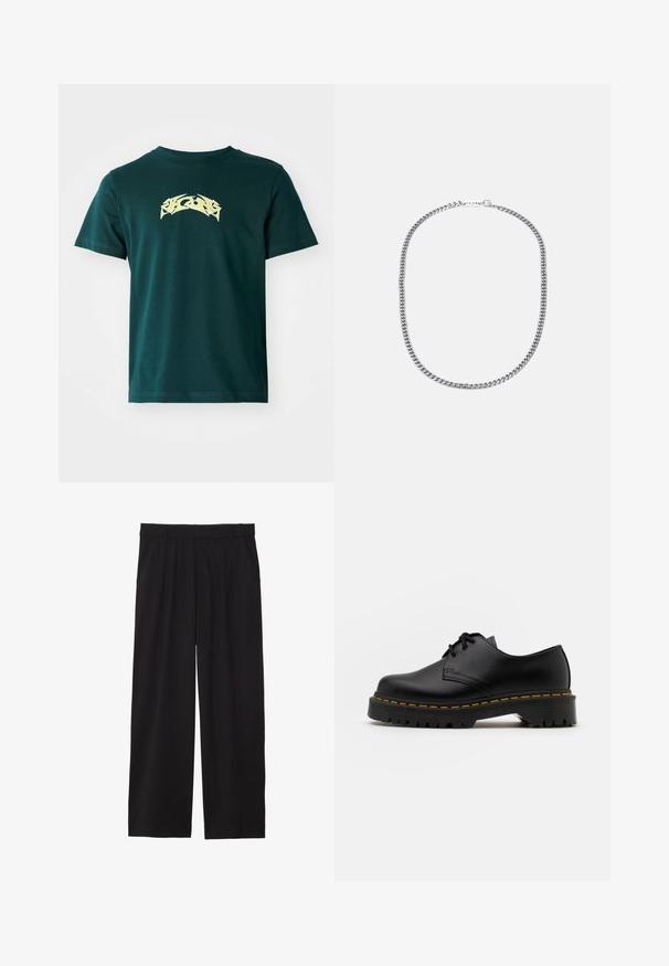 Dark green cotton t-shirt with a crew neckline and short sleeves. Features a yellow graphic design across the chest. Smooth texture.; Black wide-leg trousers with a pleated front, side pockets, and a smooth fabric texture. Designed for a relaxed fit.; Black leather lace-up shoe with a rounded toe, textured rubber sole, and yellow stitching around the base. Flat design and smooth finish.; Silver metal chain necklace featuring thick, interlocking links, polished texture, and a small clasp with branding detail.