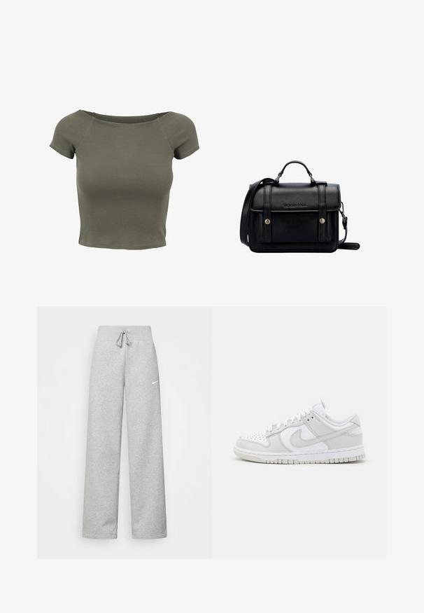 Koszulka z krótkim rękawem, cropped w oliwkowym, prążkowanym materiale. Posiada szeroki dekolt oraz dopasowany fason, zapewniający obcisłe dopasowanie. Minimalistyczny design.; Szare dresy z elastycznym pasem, szczegóły ze sznurkiem i małym białym logo Nike na lewej udzie. Miękka tkanina, luźny krój.; Białe skórzane trampki z szarymi akcentami, perforowanym noskiem, płaskimi sznurowadłami, wyściełanym kołnierzem i teksturowaną gumową podeszwą.; Czarna skórzana torebka na ramię o wyraźnej strukturze, z górnym uchwytem, regulowanym paskiem, przednią klapą i metalowymi akcentami. Posiada logo na przodzie.