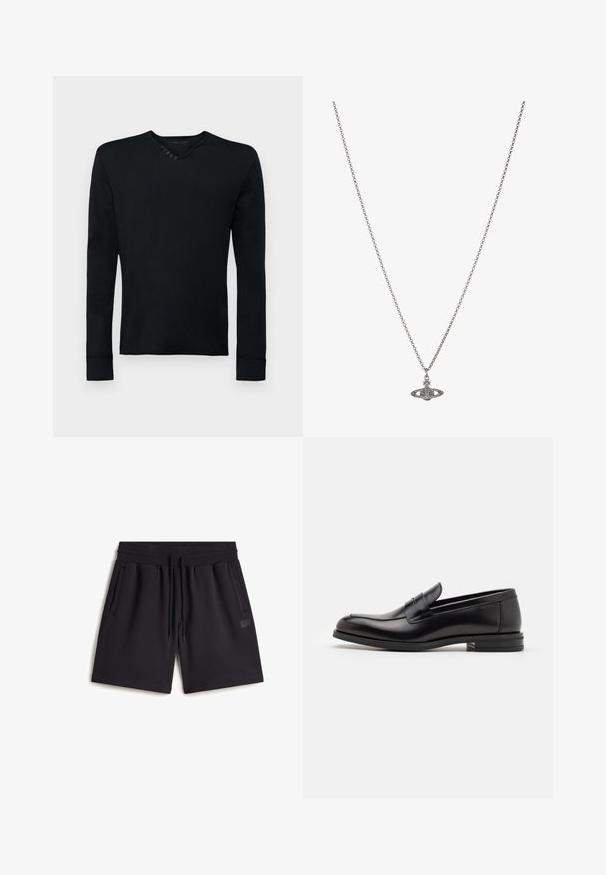 Maglietta nera a maniche lunghe realizzata in tessuto morbido, con scollatura a girocollo e cinque bottoni decorativi sulla spalla sinistra, e polsini a coste.; Shorts neri in felpa di cotone. Presentano una vita elastica con cordoncino, tasche laterali e un piccolo logo applicato.; Mocassini neri in pelle con una texture liscia, punta arrotondata e una striscia decorativa sulla tomaia. Tacco basso impilato, design minimalista.; Collana in argento con un pendente dettagliato a forma di pianeta, adornato con piccole decorazioni e motivi intricati.