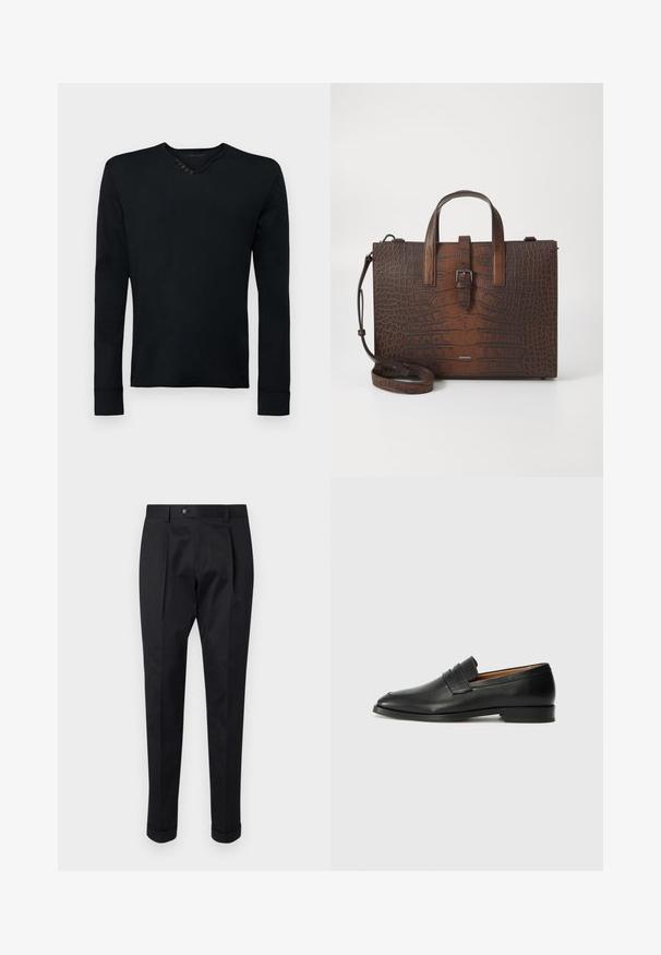 Chemise noire à manches longues en tissu doux, avec un col rond et cinq boutons décoratifs sur l'épaule gauche, ainsi que des poignets côtelés.; Pantalons noirs en tissu lisse, avec un pli à l'avant, une fermeture à bouton et des ourlets roulés à la cheville.; Mocassin en cuir noir avec un bout arrondi, des coutures subtiles et un talon bas, présentant une texture lisse et un design minimaliste.; Sac à main en cuir embossé crocodile marron avec des poignées supérieures et une bandoulière amovible. Présente une fermeture à boucle et une forme rectangulaire.