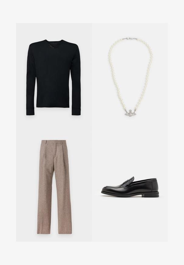 Schwarzes Langarmshirt aus weichem Stoff, mit einem Rundhalsausschnitt und fünf dekorativen Knöpfen an der linken Schulter sowie gerippten Bündchen.; Braune, hochtaillierte Hose aus strukturiertem Stoff. Mit weitem Bein und zwei vorderen Bügelfalten für zusätzliche Form. Saubere Verarbeitung ohne sichtbare Hardware.; Schwarze Lederloafers mit glatter Textur, rundem Zehenbereich und einem dekorativen Riemen über dem Vorderfuß. Niedriger, gestapelter Absatz, minimalistisches Design.; Perlenhalskette mit einem silberfarbenen Verschluss. Sie zeichnet sich durch runde weiße Perlen und ein dekoratives, mit Strasssteinen besetztes Mittelstück aus.