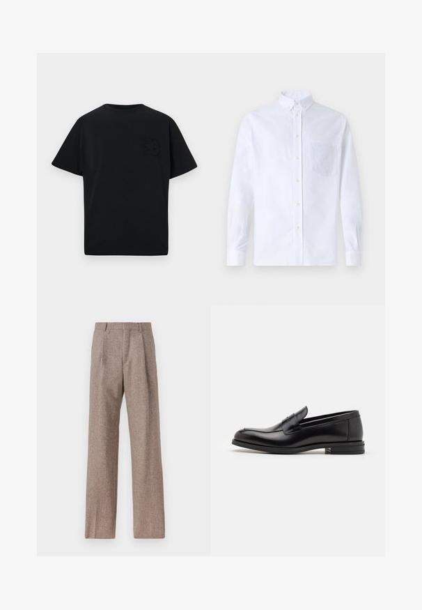 Melnā T-kreklā ar brīvu piegriezumu, īsām piedurknēm un izsmalcinātu reljefu burtu "B" kreisajā krūtī. Izgatavots no gludas kokvilnas auduma.; Balts garo piedurknēm krekliņš ar pogām, izgatavots no kokvilnas, ar krūšu kabatu ar tonālu izšuvumu, apkakli un pogām pie piedurknēm.; Brūni, augstos šortos izgatavoti no teksturēta auduma. Iezīmē plašas kājas un divas priekšējās krokas, kas nodrošina struktūru. Kārtīga apdare bez redzamām detaļām.; Melnas ādas kurpes ar gludu tekstūru, noapaļu purngalu un dekoratīvu siksniņu pāri priekšpusei. Zems sakrauts papēdis, minimālisma dizains.