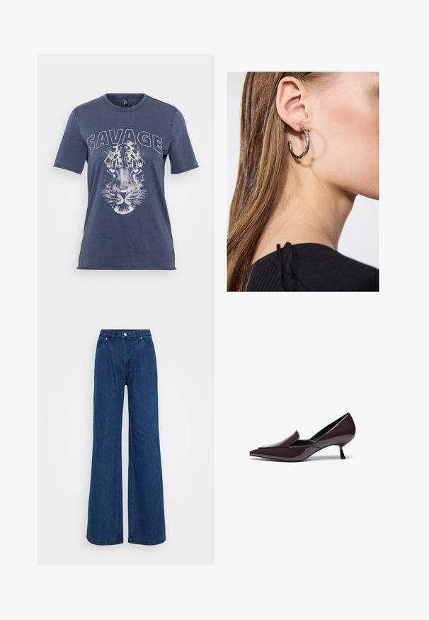 Blue cotton t-shirt featuring a leopard graphic and "SAVAGE" text. Short sleeves and a crew neck design with a relaxed fit.; Black blouse made from soft fabric with a high ruffled neckline, a keyhole opening at the front, and long puffed sleeves with fitted cuffs.; Wide-leg blue denim jeans with a high waist, front button and zipper closure, and front and back pockets against a plain background.; Pointed-toe pumps in dark brown patent leather with a low stiletto heel and sleek silhouette, featuring a slightly raised vamp.; Silver hoop earring with a polished finish, featuring small gold accent details and a round shape, worn on the lobe.