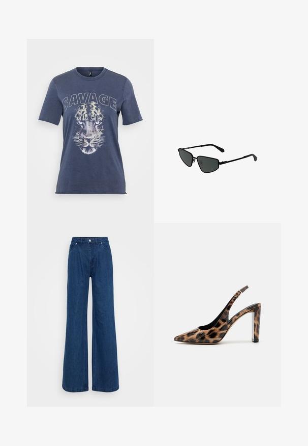 Blue cotton t-shirt featuring a leopard graphic and "SAVAGE" text. Short sleeves and a crew neck design with a relaxed fit.; Wide-leg blue denim jeans with a high waist, front button and zipper closure, and front and back pockets against a plain background.; Leopard print slingback pump with a pointed toe and transparent block heel. Made of glossy material with a smooth texture.; Black metal sunglasses with angular frames and dark lenses. Features thin, straight arms and nose pads for secure fit.; Silver hoop earring with a polished finish, featuring small gold accent details and a round shape, worn on the lobe.