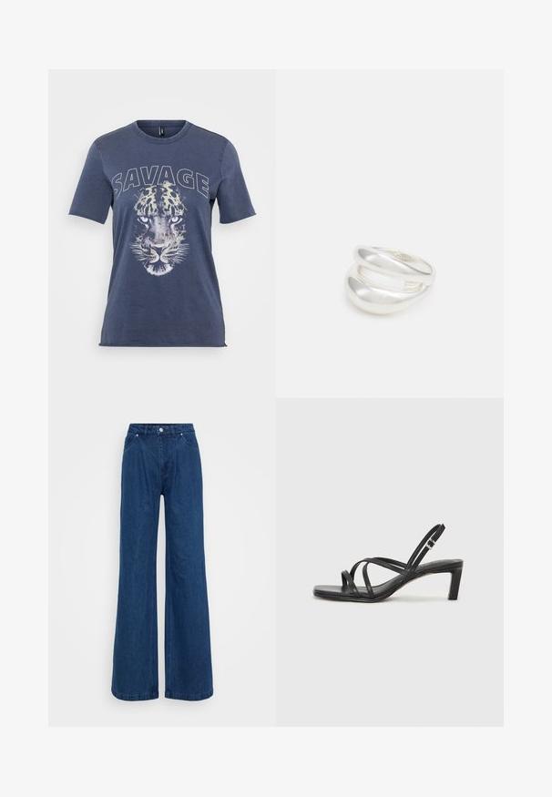 Sinine puuvillane t-särk, millel on leopardite graafika ja tekst "SAVAGE". Lühikesed varrukad ja ümmargune kaelus, millel on mugav lõige.; Hallise jalgadega sinised denim püksid kõrge vöökohaga, ees nupuga ja tõmbluku sulguri ning ees ja taga taskutega, lihtsa tausta ees.; Mustast rihmajalatsid ruudukujulise varba ja madala ploki kontsaga. Omab mitmeid õhukesi rihmasid ja reguleeritavat pahkluu rihma. Valmistatud siledast nahast.; Hõbedane kahekordne rõngas sujuva, poleeritud pinnaga. Omab voolavat, kõverat disaini, millel on kattuvad sektsioonid, et saavutada kaasaegne ilme.