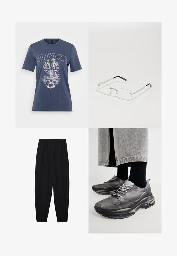 Blaue Baumwoll-T-Shirts mit einem Leoparden-Grafik und dem Text "SAVAGE". Kurzärmlig und mit einem Rundhalsausschnitt im lässigen Schnitt.; Schwarze, leichte Hosen mit einem elastischen Bund und gerafften Knöcheln. Der Stoff ist glatt und hat ein entspanntes, schmal zulaufendes Design.; Schwarze und graue Sportschuhe verfügen über ein Obermaterial aus Mesh, dicke Sohlen und Schnürsenkel. Sie haben eine abgerundete Zehenpartie und sichtbare Dämpfungsdetails.; Rechteckige, klare Brillengläser mit einem dünnen, silbernen Metallrahmen und schwarzen Acetat-Enden. Verfügt über minimale Beschläge für ein schlankes Design.; Schwarze Lederhandtasche mit geschwungener Form, abnehmbarem Tragegurt und goldenen Beschlägen. Die Tasche verfügt über einen Deckel mit einer Schnallen-Details.