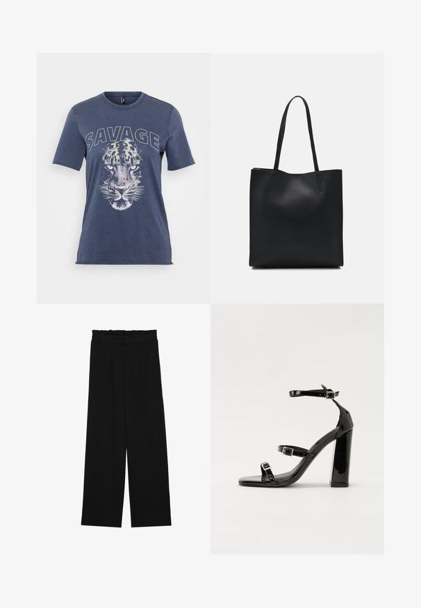 Blauwe katoenen t-shirt met een leopardprint en de tekst "SAVAGE". Korte mouwen en een ronde hals en een losse pasvorm.; Zwarte wijde broek met een gerimpelde tailleband, voorzien van twee zijzakken en een soepele, lichte stof. Geen zichtbare patronen of hardware.; Zwarte gepatenteerde sandalen met hak en een vierkante neus, enkelbandjes en zilveren gespen. Heeft een stevige blokhak voor stabiliteit.; Zwarte leren handtas met een gladde textuur, rechthoekige vorm en twee lange handvaten. Geen zichtbare hardware of versieringen.