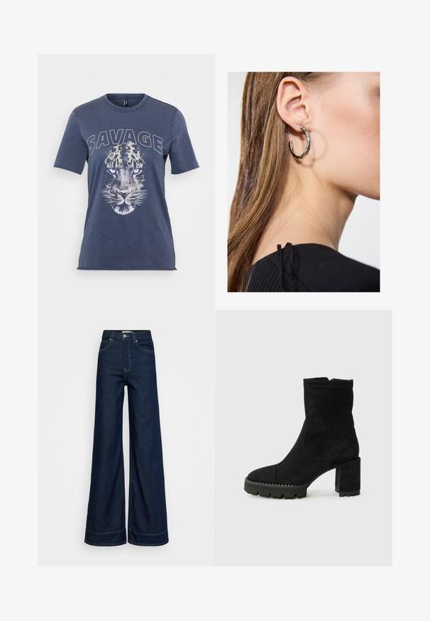 Blaue Baumwoll-T-Shirts mit einem Leoparden-Grafik und dem Text "SAVAGE". Kurzärmlig und mit einem Rundhalsausschnitt im lässigen Schnitt.; Dunkelblaue High-Waist-Weitbein-Jeans mit vorderen Taschen, Gürtelschlaufen, Knopfverschluss und sichtbaren Nähten auf weißem Hintergrund.; Schwarze Ankle Boots aus Wildleder mit quadratischer Zehenform, blockiertem Absatz und strukturiertem Gummisohle mit Zickzack-Akzenten. Glatte Oberfläche.; Silberne Creolen mit polierter Oberfläche, die kleine goldene Akzentdetails und eine runde Form aufweisen, am Ohrläppchen getragen.