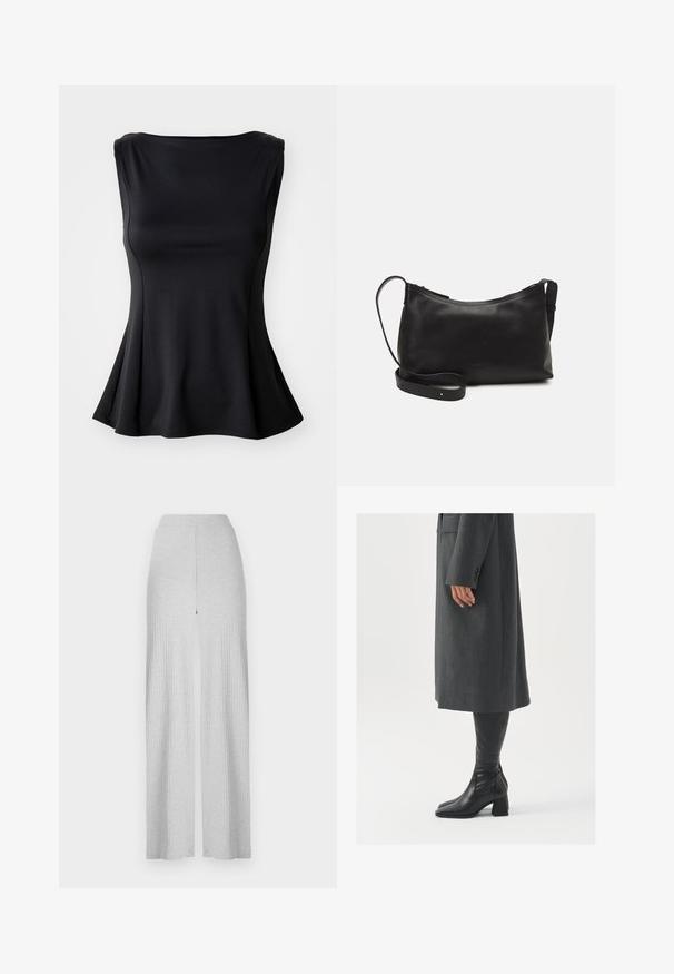 Svart ermeless topp laget av glatt stoff, med et tettsittende overliv som vidder ut nederst, rund halsutringning og ingen synlige sømmer.; Lys grå ribbede bukser med vide ben, høy midje og en splitt foran. Laget av myk stoff med en glatt tekstur.; Grå, skreddersydd frakk med rett snitt; kombinert med knehøye svarte lærstøvler med firkantet tå og kraftig hæl.; Svart skinn skulderveske med glatt tekstur, buet form, justerbar stropp og glidelås. Minimalistisk design uten dekorasjoner.