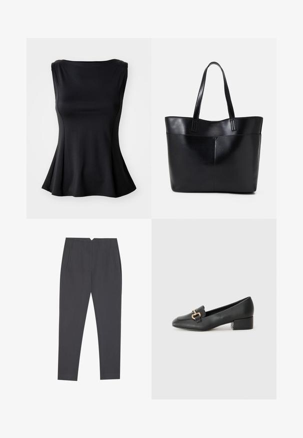 Svart ermeless topp laget av glatt stoff, med et tettsittende overliv som vidder ut nederst, rund halsutringning og ingen synlige sømmer.; Mørk grå tapered bukser med sidelommer og frontplystringer, designet for en skreddersydd passform.; Sorte skinnloafers med flat hæl, med dekorativ detalj i gull foran og en jevn tekstur.; Svart lær toteveske med to lange håndtak, en glatt tekstur og en strukturert form. Har en frontlomme for ekstra oppbevaring.