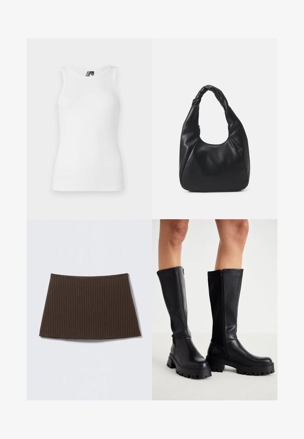 Bijeli rebrasti top bez rukava s okruglim izrezom, izrađen od mekanog pamuka s mješavinom, s prilagođenim krojem.; Smeđa suknja na pruge s uskim krojem, glatke teksture i širokim rubom, idealna za krojeni izgled.; Crne čizme do koljena izrađene od glatke umjetne kože s debelim potplatom, bočnim zatvaračem i zaobljenim vrhom.; Crna torba hobo napravljena od glatkog materijala nalik koži s uvrnutom drškama, s mekim, zaobljenim oblikom i zatvaranjem na vrhu sa patentnim zatvaračem.; Set od dvanaest naušnica u obliku obruča u srebrnim i zlatnim tonovima. Uključuje isprepletene, glatke i teksturirane dizajne s raznim veličinama i završnim obradama.