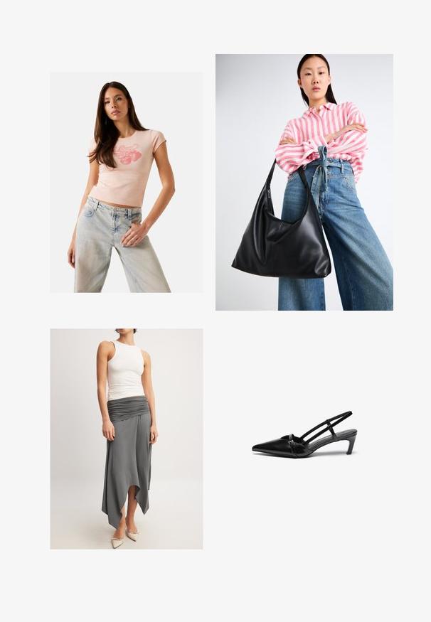 Šviesiai rožinė prigludusi marškinėliai trumpomis rankovėmis ir apvaliu iškirpimu, su raudona braškės grafika. Dėvima su šviesiai mėlynomis džinsomis.; Balta be rankovių marškinėliai derinami su laisvu pilku sijonu, kuriame yra raukšlėta juosta ir asimetrinė apačia. Modelis dėvi smėlio spalvos aukštakotę avalynę.; Juodi patentiniai odiniai šlepetės su smailiu pirštu, vieno dirželio detalėmis ir žemu, struktūruotu kulnu. Lygus paviršius su minimaliomis detalėmis.; Juodas odinis peties krepšys su laisvu siluetu ir siūlų detalėmis. Modelis vilki rožinės ir baltos spalvos dryžuotą marškinėlį bei plačius mėlynus džinsus.