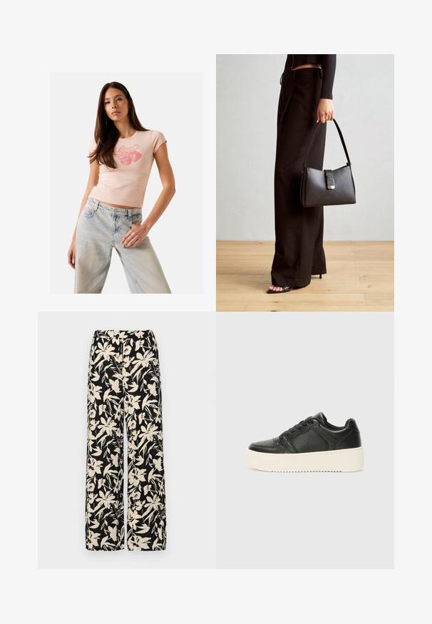 Světle růžové přiléhavé tričko s krátkými rukávy a kulatým výstřihem, zdobené grafikou jahody v červené barvě. Nosené s světle modrými džíny.; Černé kalhoty s širokými nohavicemi a krémovým květinovým vzorem. Vyrobené z lehké tkaniny, s hladkým povrchem a vysokým pasem.; Černé kožené tenisky s hladkým povrchem, silnou krémovou podrážkou, kulatou špičkou a klasickým šněrovacím designem. Jemné švy.; Černá kabelka se strukturovaným tvarem, hladkým povrchem a kovovým uzávěrem. Kombinována s širokými černými kalhotami a sandály s otevřenou špičkou na dřevěné podlaze.
