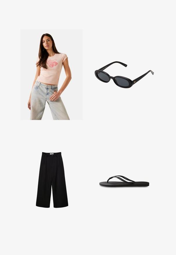 Light pink fitted t-shirt with short sleeves and a round neckline, featuring a strawberry graphic in red. Worn with light blue denim jeans.; Black wide-leg trousers with a high waist, pleated front, and button closure. Made from smooth fabric with a tailored design.; Black flip-flop featuring a textured rubber sole, two slender straps, and a subtle, embossed logo detail on the strap.; Black oversized sunglasses with oval lenses, smooth plastic frame, and gold accents on temple. Dark lenses provide sun protection.