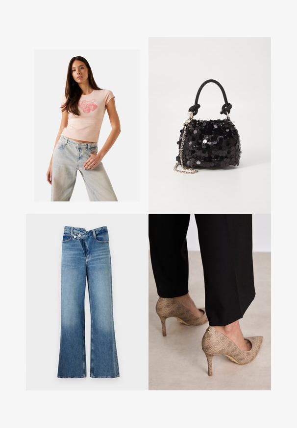 Hellrosa, tailliertes T-Shirt mit kurzen Ärmeln und rundem Halsausschnitt, mit einer roten Erdbeer-Grafik. Getragen mit hellblauen Jeans.; Helle, blaue Jeans mit weit ausgestellt Bein und hoher Taille, ausgestattet mit zwei Knöpfen und vorderen Taschen. Der Stoff hat eine ausgewaschene Textur mit subtilen Variationen.; Beige High Heels aus strukturiertem Stoff mit einem sich wiederholenden Muster. Spitz zulaufendes Design mit einer Rückenausschnitt und goldenen Absatz.; Schwarze Pailletten-Mini-Handtasche mit einem geknoteten, strukturierten Tragegurt und einer silbernen Kette. Abgerundete Form mit gerafftem oberen Teil und reflektierenden Details.