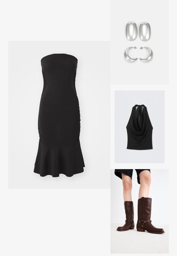 Svart ermeløs topp med drapert hals og knyt bak. Laget av et glatt, lett stoff, har en flytende silhuett.; Svart stramkjole uten stropper laget av elastisk stoff, med rynker langs sidene og en utflared kant. Jevn tekstur med en tettsittende silhuett.; Brune lærknesko med rund tå, teksturert overflate, ankelrem og detaljer i sølv; stablet hæl.; Sølvfargede øredobber sett: to ovale stifter og to halvmåneformede hoops, med en glansfull, glatt overflate og en rund design.