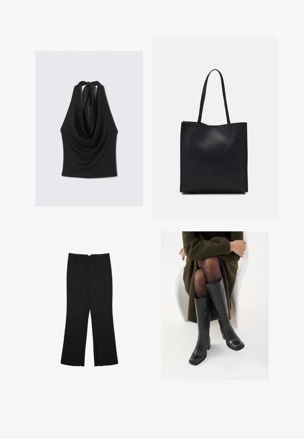 Schwarzes ärmelloses Oberteil mit Drapierung am Ausschnitt und einer Schleife im Rücken. Hergestellt aus einem glatten, leichten Stoff, bietet es eine fließende Silhouette.; Schwarze Hose mit geradem Schnitt, ausgestattet mit Fronttaschen und Seitenschlitzen am Saum. Hergestellt aus weichem, glattem Stoff. Geeignet für verschiedene Anlässe.; Knöchelhöhe schwarze Lederstiefel mit quadrater Spitze und Blockabsatz, gezeigt mit einem Modell, das einen olivgrünen Mantel trägt. Glatte Textur, minimale Details.; Schwarze Laptoptasche aus Leder mit glatter Textur, rechteckiger Form und zwei langen Griffen. Keine sichtbaren Beschläge oder Verzierungen.