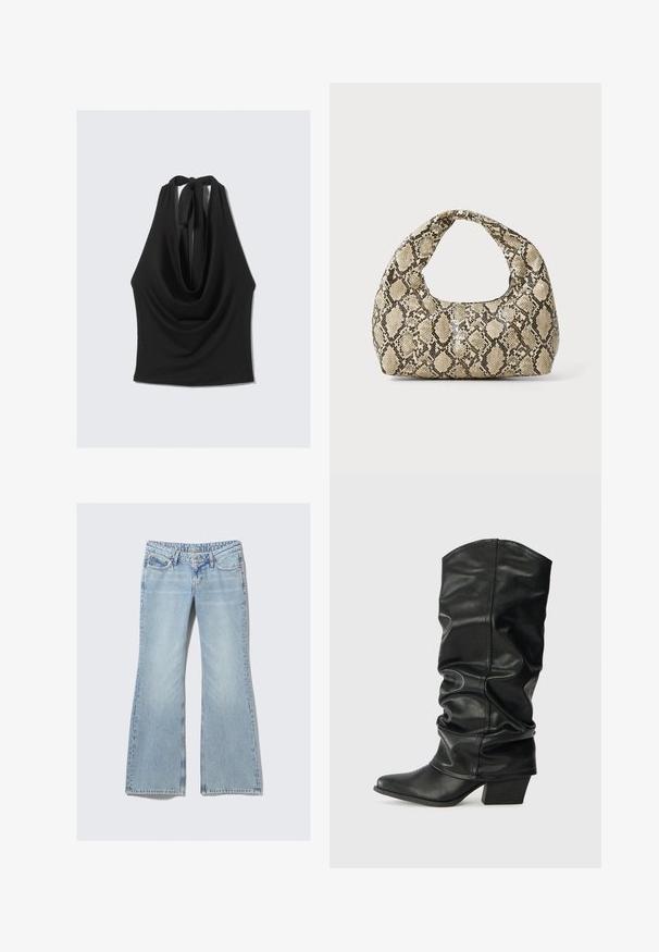 Top negro sin mangas con escote drapeado y lazo en la parte de atrás. Fabricado en una tela suave y ligera, presenta una silueta fluida.; Weekday NOVA - Vaqueros slim fit - lip blue; Botas de cuero negro hasta la rodilla con un diseño arrugado, punta afilada y un tacón grueso, con una textura suave y una costura mínima.; Bolso de mano con estampado de serpiente y asa curvada. Hecho de materiales texturizados en tonos beige y marrón, con un patrónen diamante distintivo.
