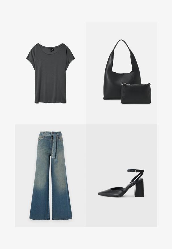 Tricou gri cu mânecă scurtă, guler rotund lărgit, dintr-un material moale și cu o croială lejeră. Fără modele sau accente vizibile. Textură netedă.; Pantaloni din denim largi, cu un gradient de la albastru deschis la albastru închis, talie înaltă, bucle pentru curea și o curea din același material. Finisaj texturat din denim.; Pantofii cu toc ascuțit din piele neagră, cu breteaua pentru glezne și toc gros. Textură netedă, design elegant și estetică minimală.; Even&Odd Geantă de mână - black
